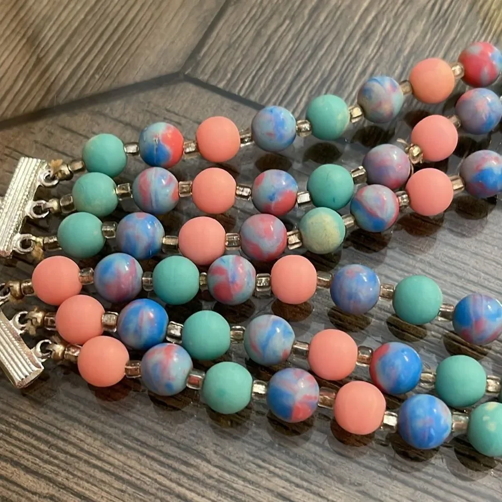 Vintage Japan Three Strand Pastel Candy Colored Beaded Necklace